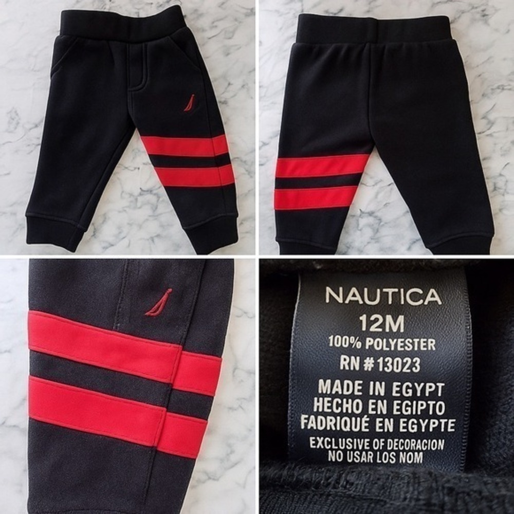 Nautica Jogger Pants Kids 12M Black Red Athletic Stripe Fleece Sweatpants